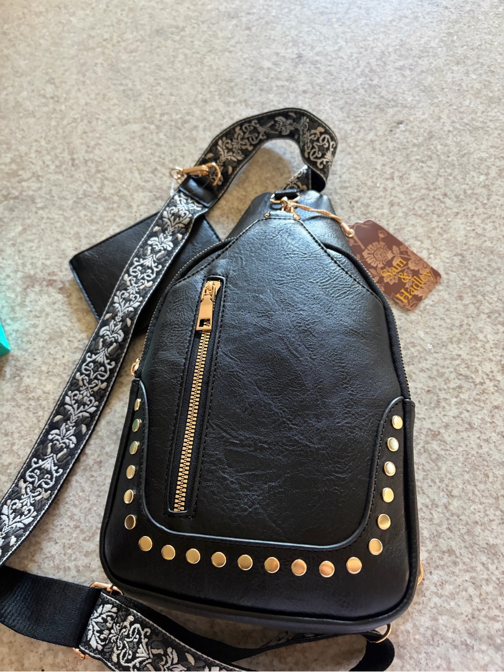 New!! Black Studded Crossbody Sling Bag with Decorative Strap